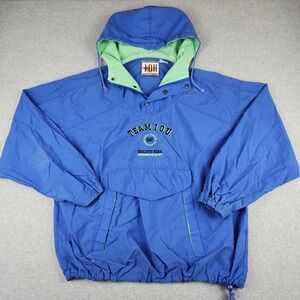IOU Windbreaker Men's Size Large Blue Team IOU Vintage‎ 90s Anorak Hooded Jacket